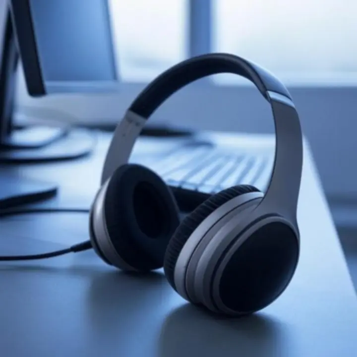 Irodai környezetben használt fejhallgató munkaállomás mellett.