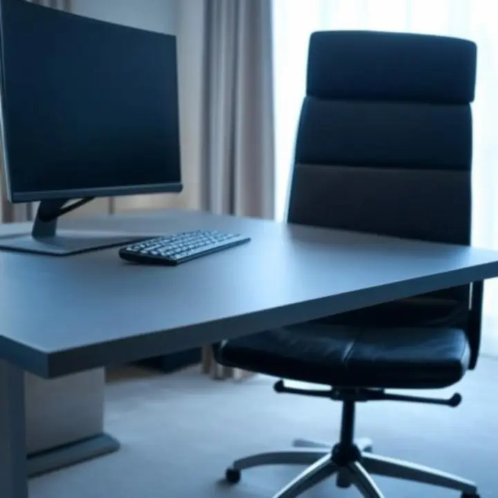 Modern, rendezett magyar home office munkaállomás számítógéppel, monitortartóval és ergonomikus kiegészítőkkel.