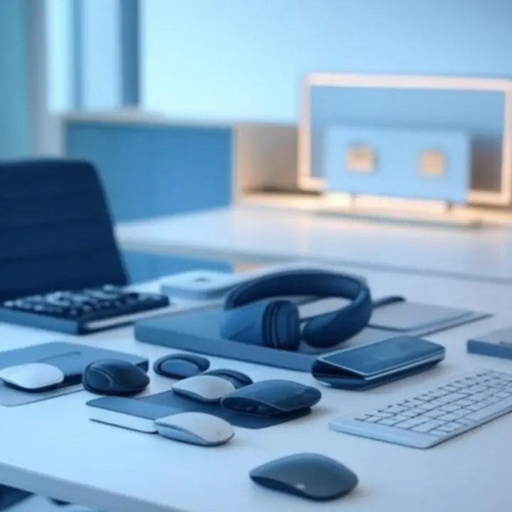 Modern irodai környezet különböző számítástechnikai kiegészítőkkel az asztalon.