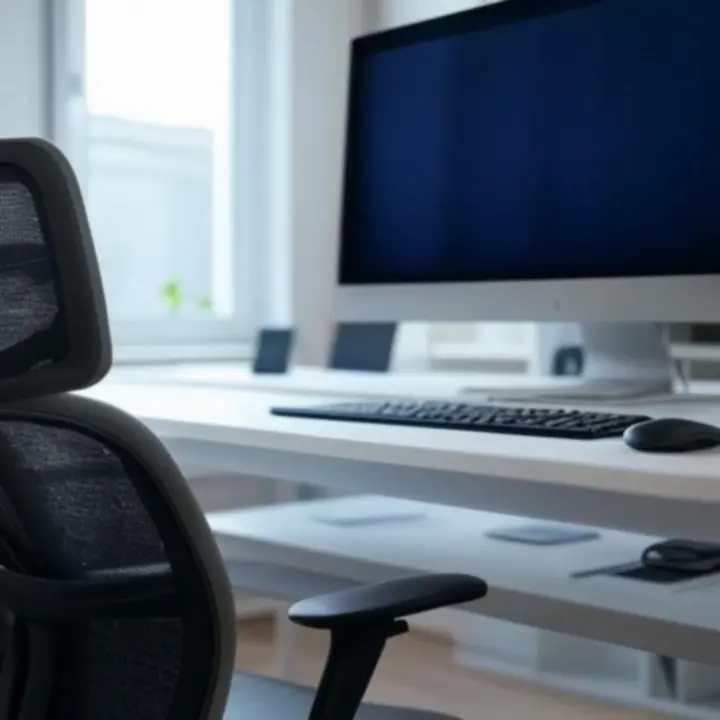 Modern, rendezett otthoni iroda több monitorral, ergonomikus székkel és kiegészítőkkel.