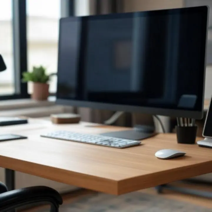 Rendezett munkaasztal kábelrendezőkkel és tartozékokkal.